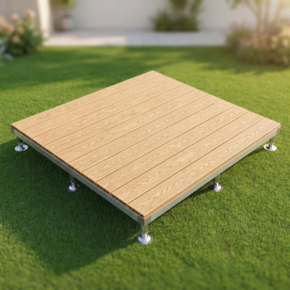 Modular Elevated Deck Tiles with Adjustable Pedestal Base, Snap-On No-Tool Installation, Weatherproof Wear-Resistant Wood-Plastic Composite, 3-Step Easy Install for Patio, Yard & Garden
