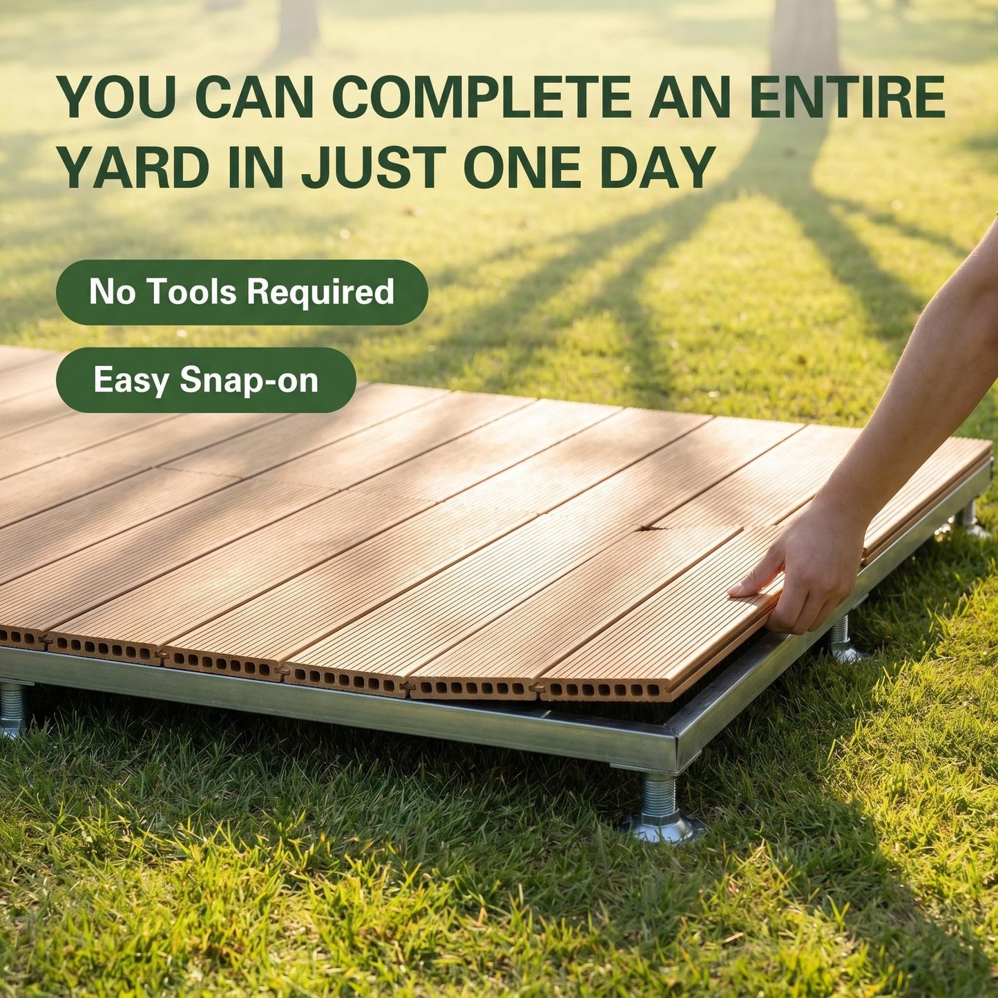 Modular Elevated Deck Tiles with Adjustable Pedestal Base, Snap-On No-Tool Installation, Weatherproof Wear-Resistant Wood-Plastic Composite, 3-Step Easy Install for Patio, Yard & Garden