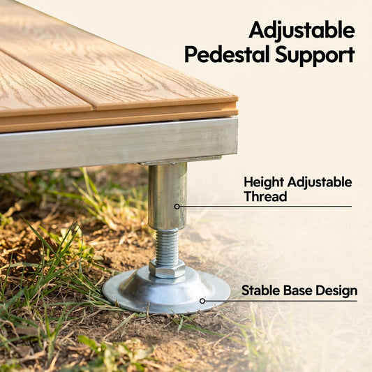 Modular Elevated Deck Tiles with Adjustable Pedestal Base, Snap-On No-Tool Installation, Weatherproof Wear-Resistant Wood-Plastic Composite, 3-Step Easy Install for Patio, Yard & Garden