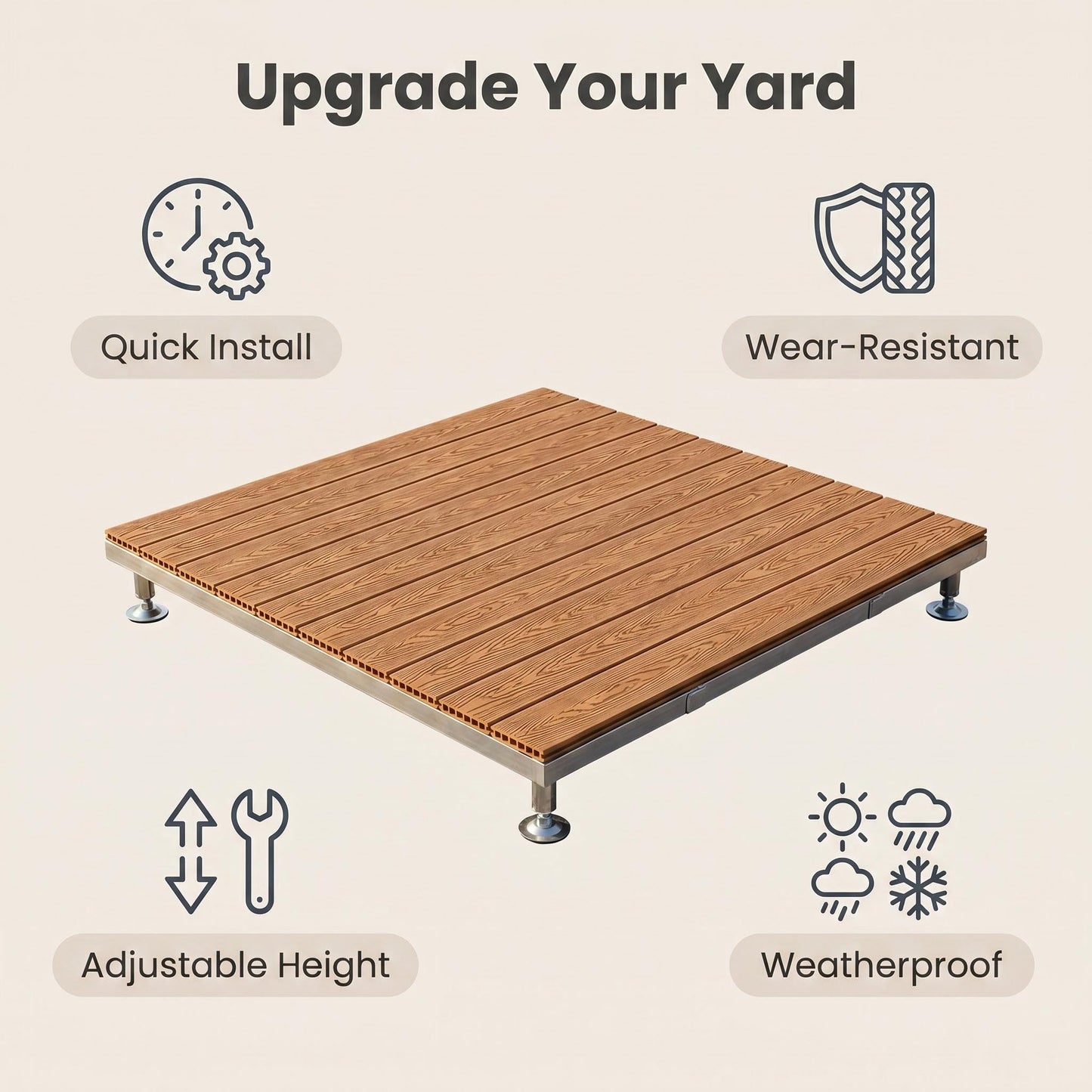 Modular Elevated Deck Tiles with Adjustable Pedestal Base, Snap-On No-Tool Installation, Weatherproof Wear-Resistant Wood-Plastic Composite, 3-Step Easy Install for Patio, Yard & Garden