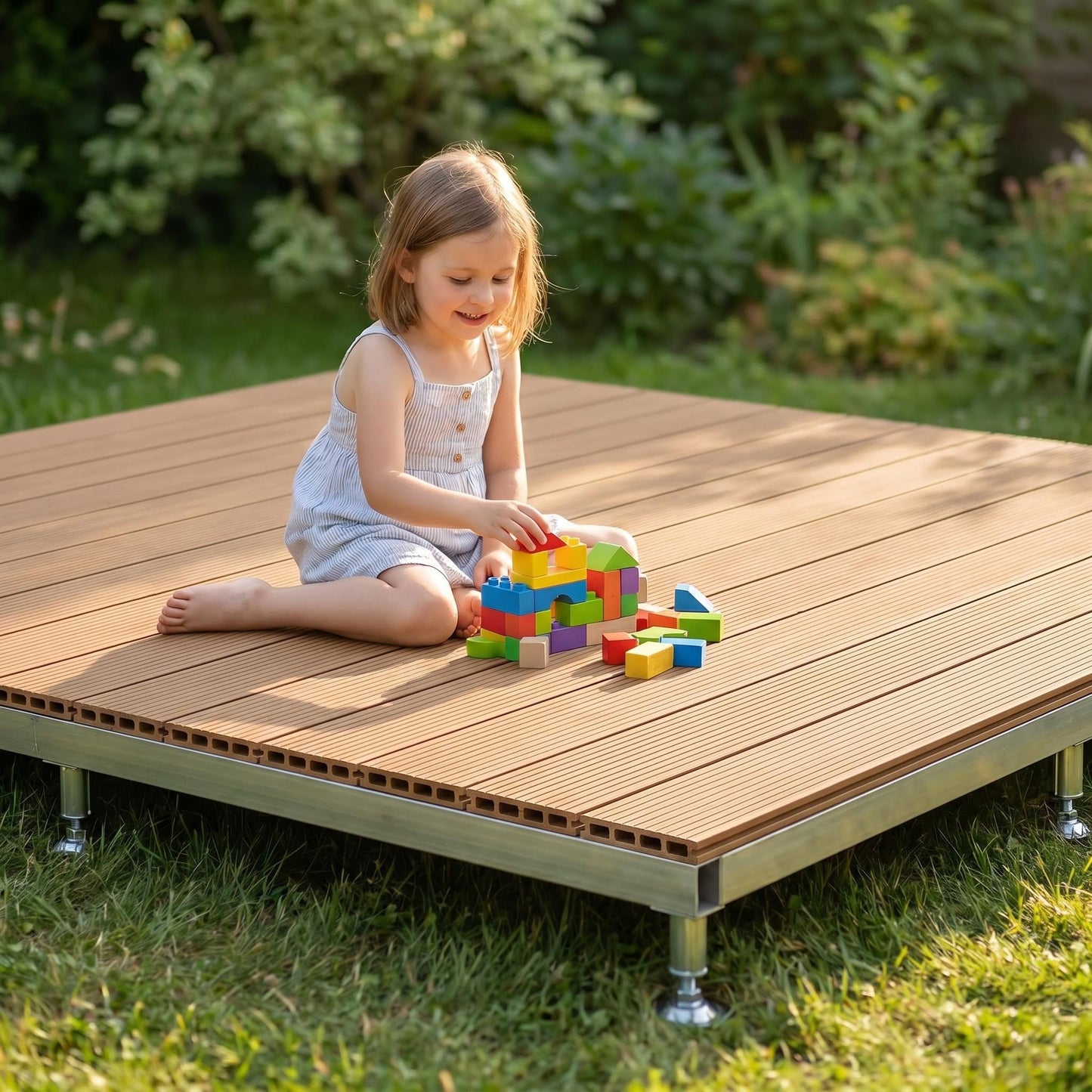 Modular Elevated Deck Tiles with Adjustable Pedestal Base, Snap-On No-Tool Installation, Weatherproof Wear-Resistant Wood-Plastic Composite, 3-Step Easy Install for Patio, Yard & Garden