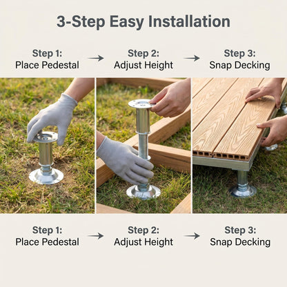 Modular Elevated Deck Tiles with Adjustable Pedestal Base, Snap-On No-Tool Installation, Weatherproof Wear-Resistant Wood-Plastic Composite, 3-Step Easy Install for Patio, Yard & Garden